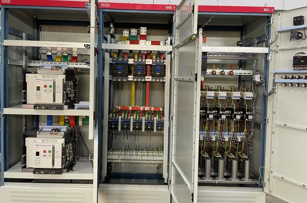 Open switchboard with capacitor-bank equipment on the right